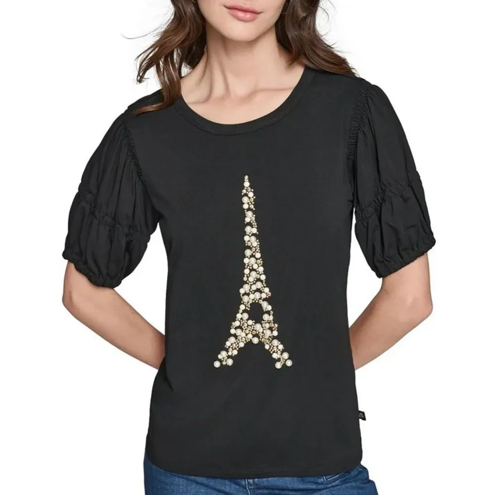 Karl Lagerfeld Womens Black Embellished Cotton Pullover Top NWT